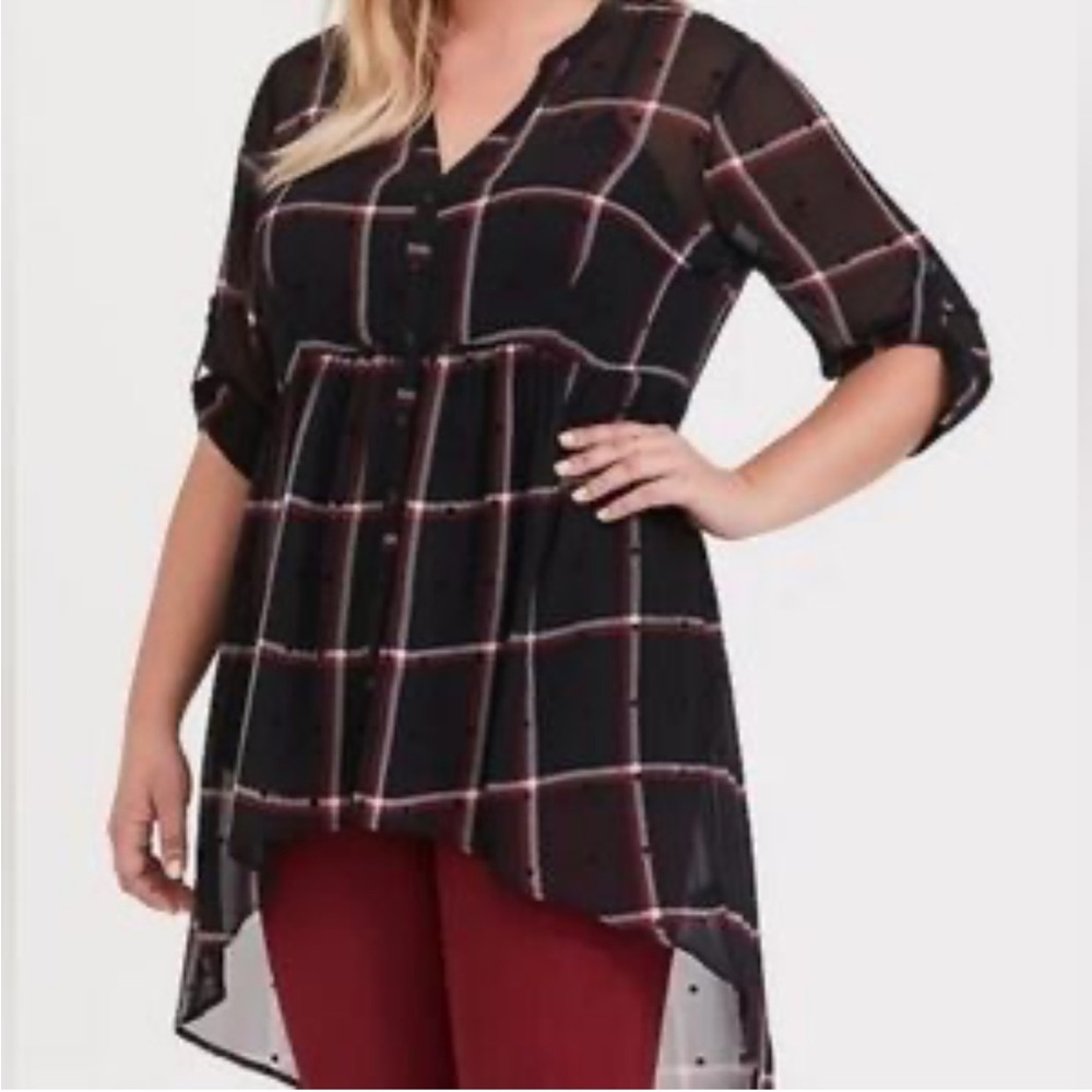 Torrid Lexie Black Red Sheer Plaid Overlay Tunic Top Size 1 Large
